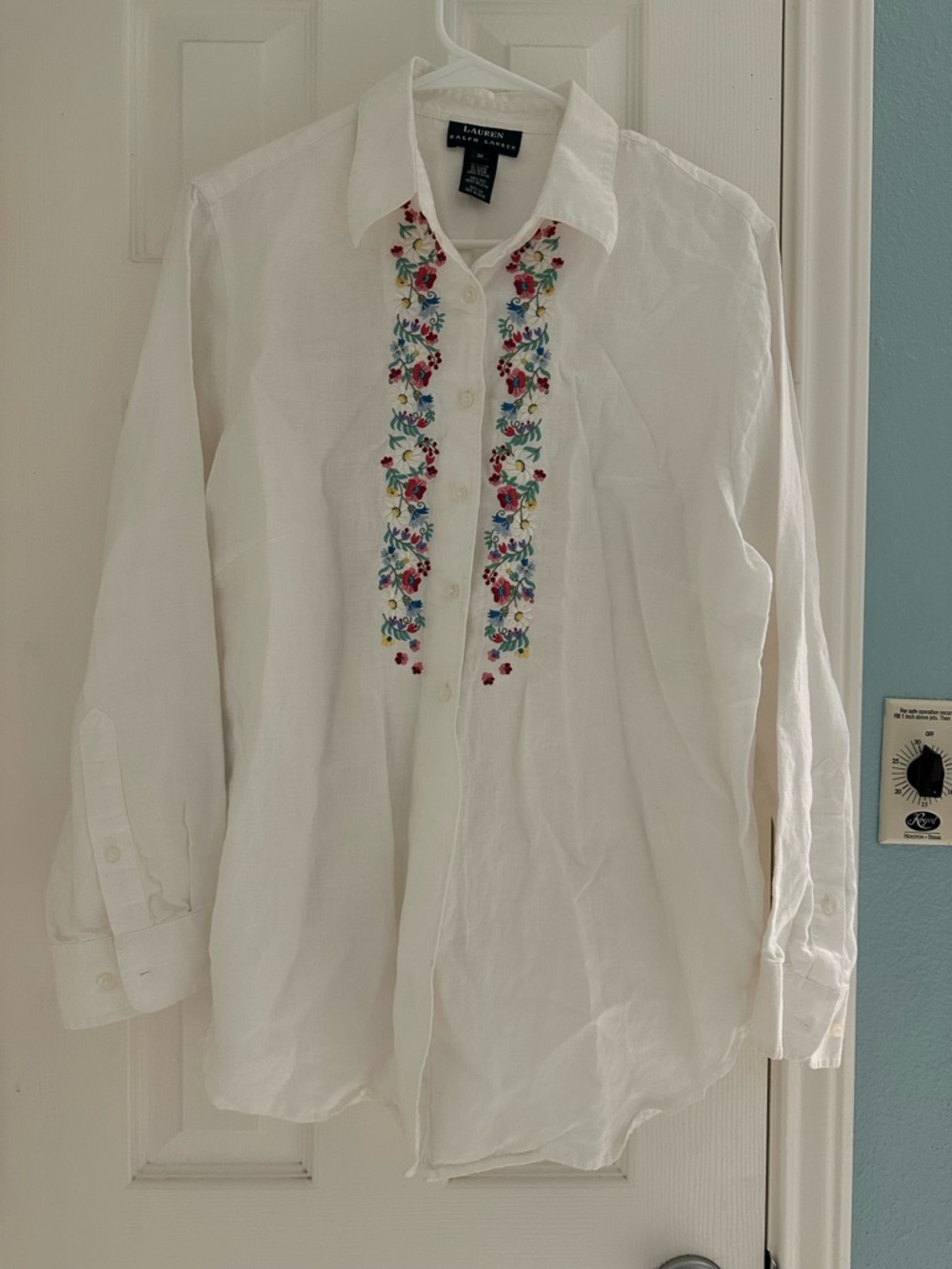 Vintage Ralph Lauren 100% Linen Floral Embroidered White L/S Button Shirt Top 1X